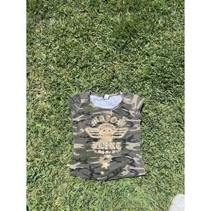 Vintage Y2K Graphic Baby Tee Girl Power Brown Gold Camo Butterfly Nostalgia Army
